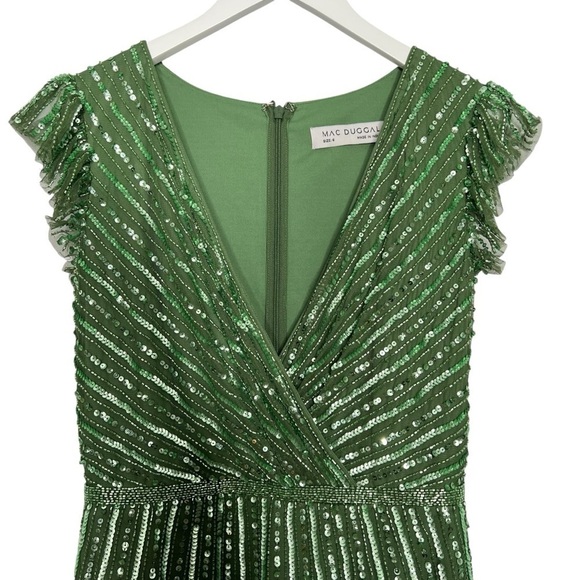 Mac Duggal Sequined Wrap Over Cap Sleeve Ruffle Hem Dress Sage Size 6 NEW - Picture 10 of 15
